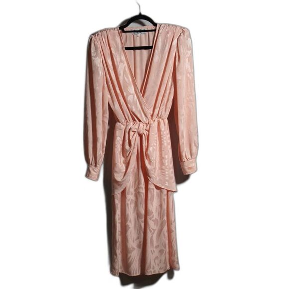 VTG 80s Miss Ashlee CA Pink Satin Faux Wrap Dress Sz 4 STAINS V Neck Long Sleeve - Picture 1 of 10